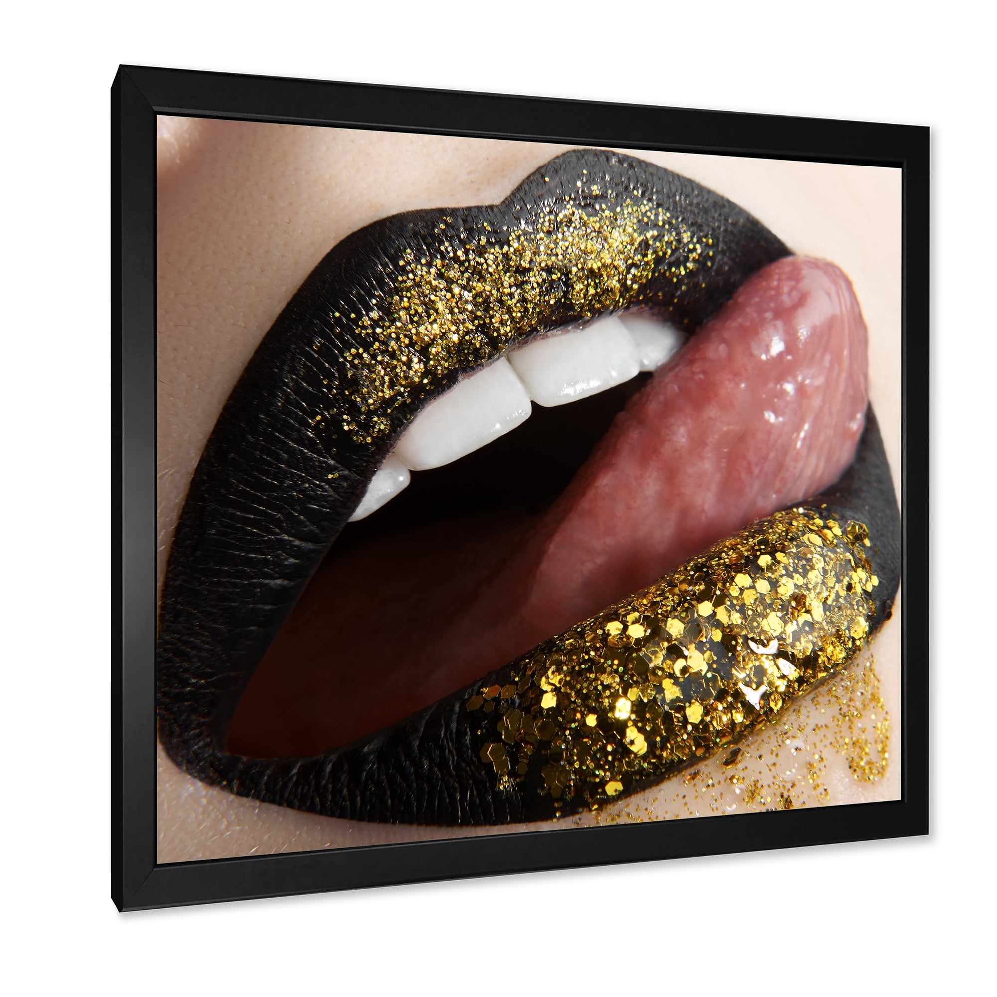 Designart 'Woman Lips Black Lipstick and Gold Sequins' Modern Framed Art Print