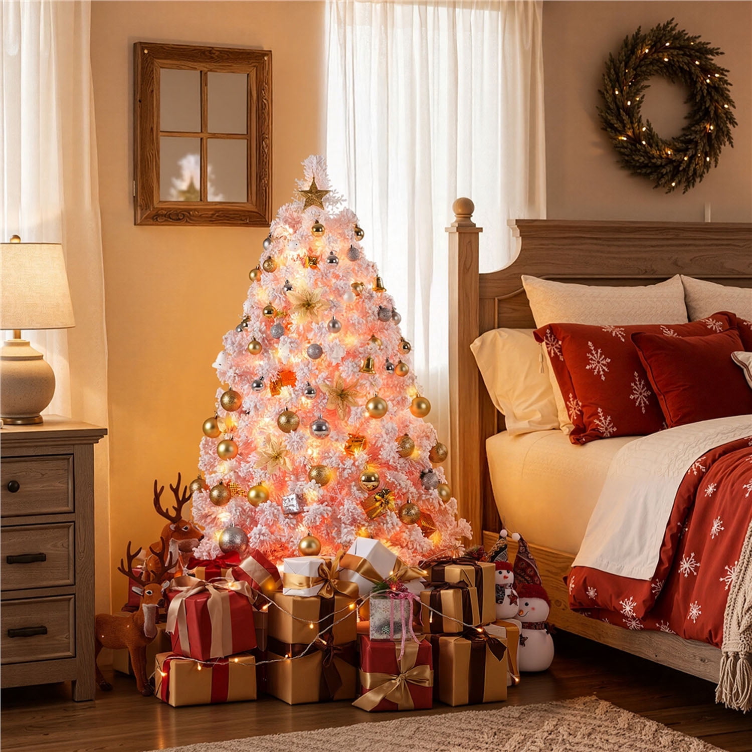 Alden Design 4.5FT Pre-lit Artificial Christmas Tree Flocked Christmas Tree with Foldable Stand and LED Warm Lights,Pink
