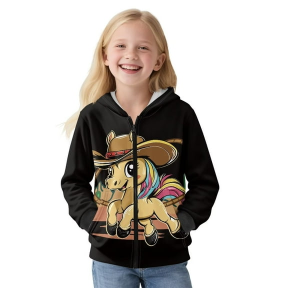 KUIFORTI Cute Horse Cute Sweatshirts for Girls 6-7 Warm Skin-Friendly Zipper Sweatshirts Hooded Fleece-Lined Fall Fashion Outfits Winter Clothes for Outdoor Activity