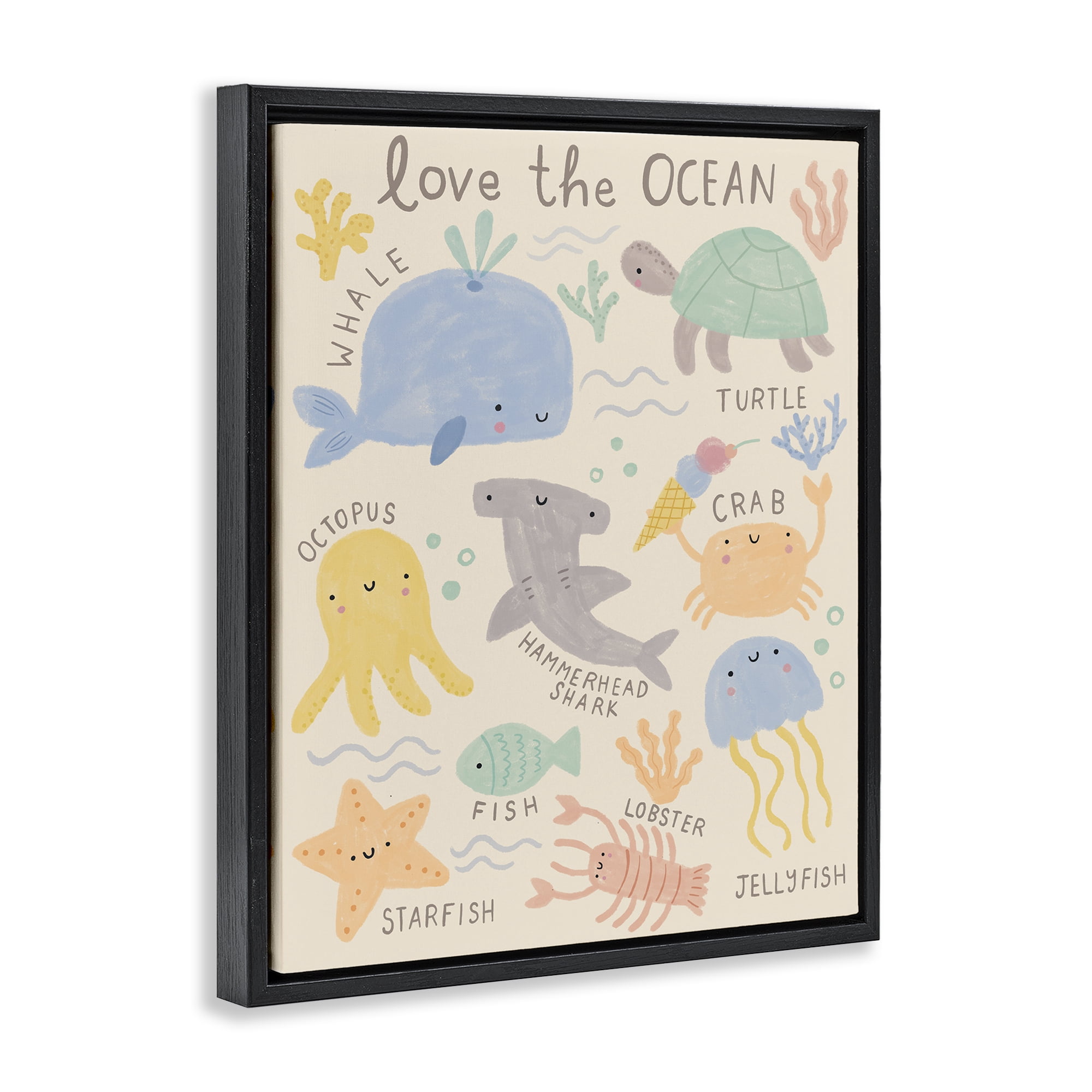 Stupell Industries Love The Ocean Creatures Animals Painting Black Floater Framed Canvas Art Print Wall Art, 17 x 21