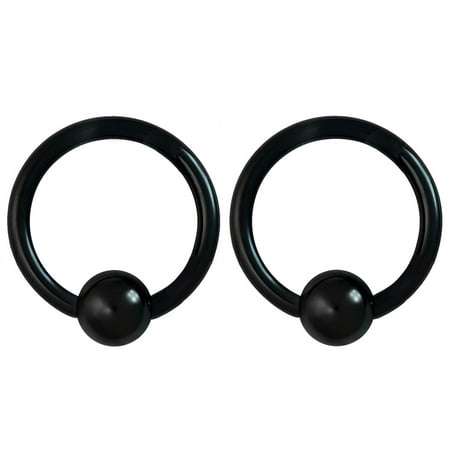 0.375 Inch Captive Ring - Pair of 2 Rings: 14g 1/2 Inch Surgical Steel Black IP Plated Captive Bead CBR Hoop Ring Earrings
