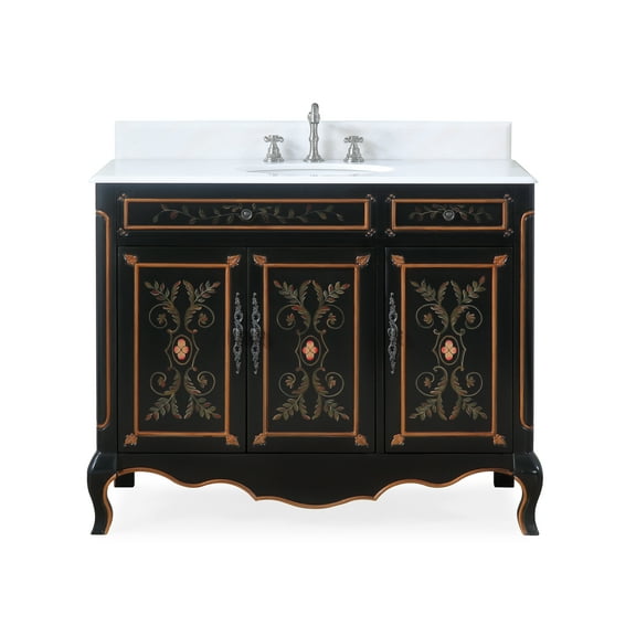 Benton Collection 42" Black Hand-Painted Floral Bathroom Vanity with 3 Cabinets