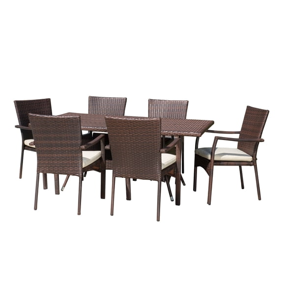 GDF Studio Luke Outdoor Wicker 7 Piece Dining Set with Cushion, Multibrown and Cream
