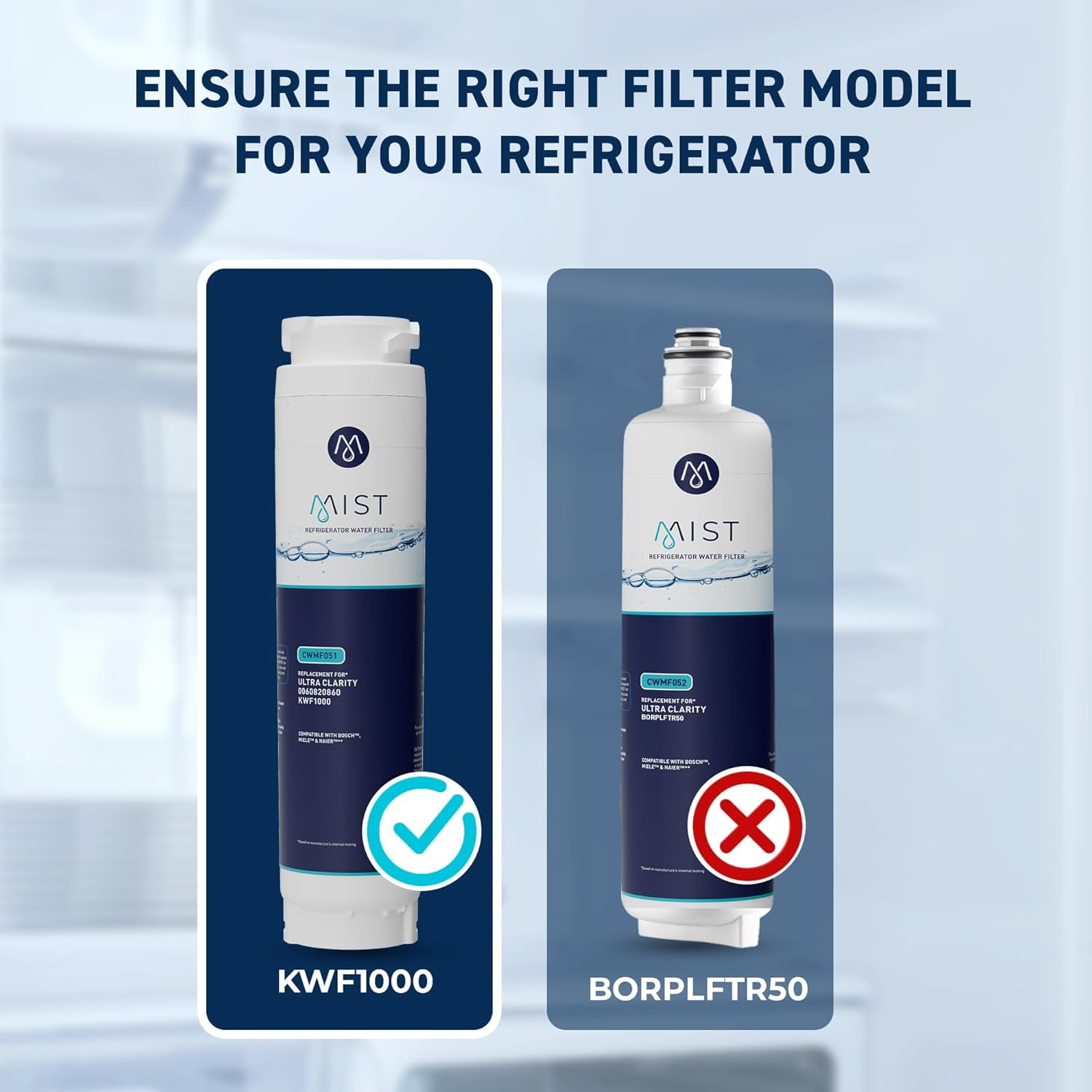 Mist Ultra Clarity Refrigerator Water Filter Replacement Cartridge for Bosch, Compatible with 644845, 9000077104, 9000194412, Haier 0060820860, 0060218744, Miele KWF1000, Bosch Water Filter, 2-Pack