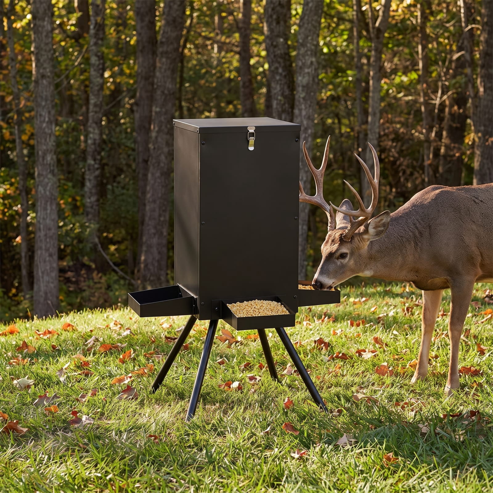 Vebreda 90LB Gravity Deer Feeder with 4 Feeding Trays and 4-Leg Stand, More Feed, Less Refills, Built for Outdoor Seasons, Dry Corn Protection
