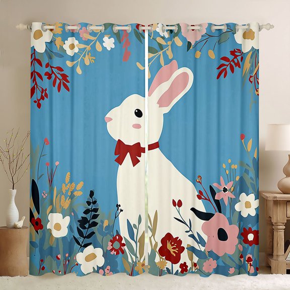 Homewish Retro Kawaii Rabbit Black Out Curtains, Western Rustic Floral Curtains Pack of 2 (42x63 Each), Cute Cartoon Bunnies Bedroom Curtains, Black Out Curtains Room Decor
