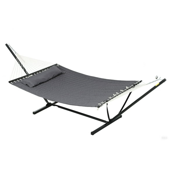 Outsunny Quilted Double Hammock with Stand and Pillow 2 Person Hammock