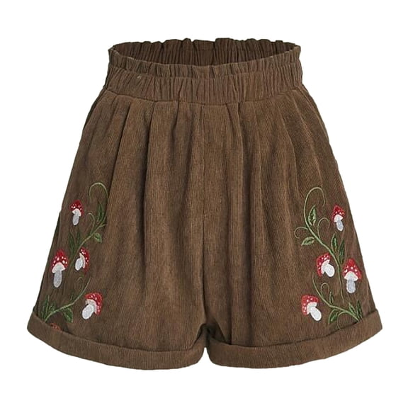 CHENge Women'S Embroidered Corduroy Shorts Elastic High Waisted Straight Leg Casual Lounge Shorts Summer Fashion Loose Short