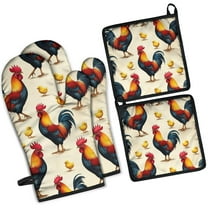Roosters and Chicks Kitchen Oven Mitt and Pot Holder Sets 4 Pcs for Baking, Cooking and Grilling, Heat Resistant Up To 392 °F