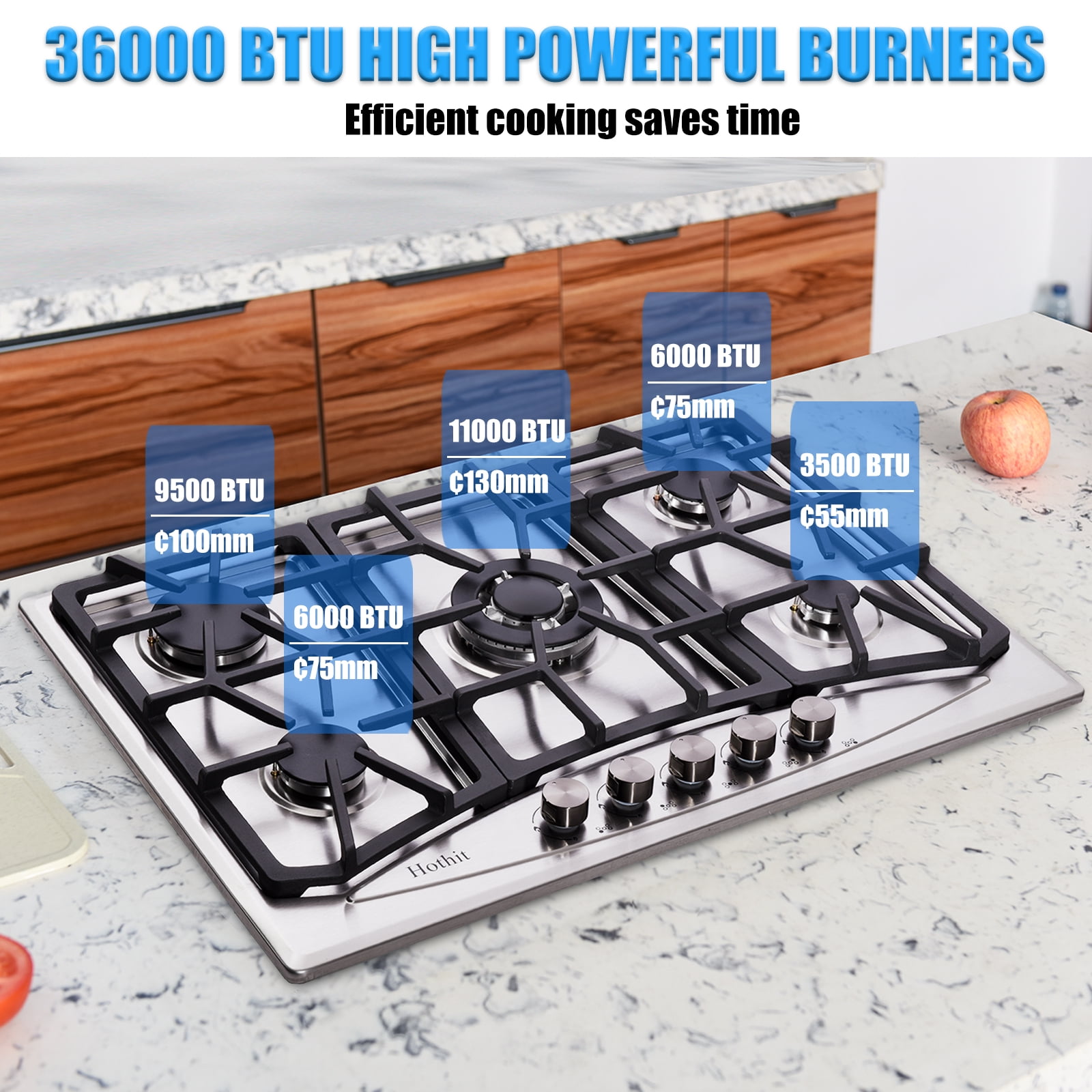 Hothit Propane Gas Cooktop 30" Inch, 5 Burner Built-in Stainless Steel Gas Stove Top, LPG/NG Dual Fuel Auto Ignition Gas Hob, Include Gas Pressure Regulator(L30"×W20")