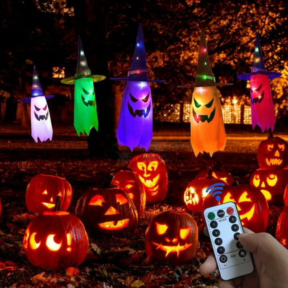 Halloween Decorations, 5 Pcs Halloween Hanging Lighted Glowing Witch Ghost Hat Decorations Outdoor, Halloween Lights String with 8 Lighting Modes for Halloween Décor Garden Yard Tree