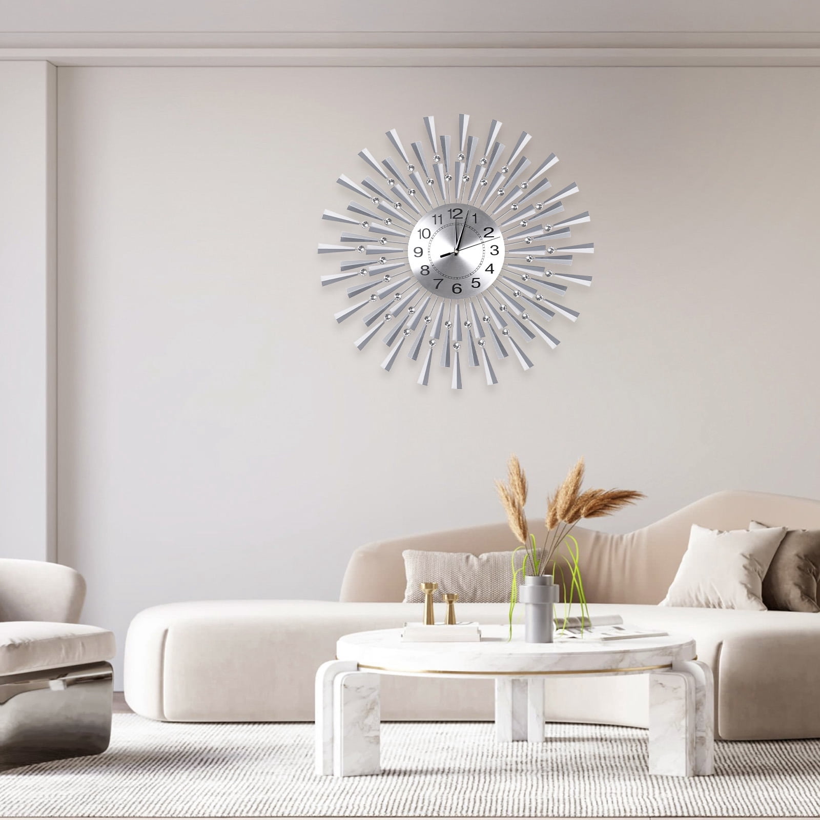 WOOW DEPOT 24" Large 3D Wall Clock Battery Operated Silent Non-Ticking Metal Morden Clock Watch for Living Room Bedroom Office Art Creative Decor, Silver