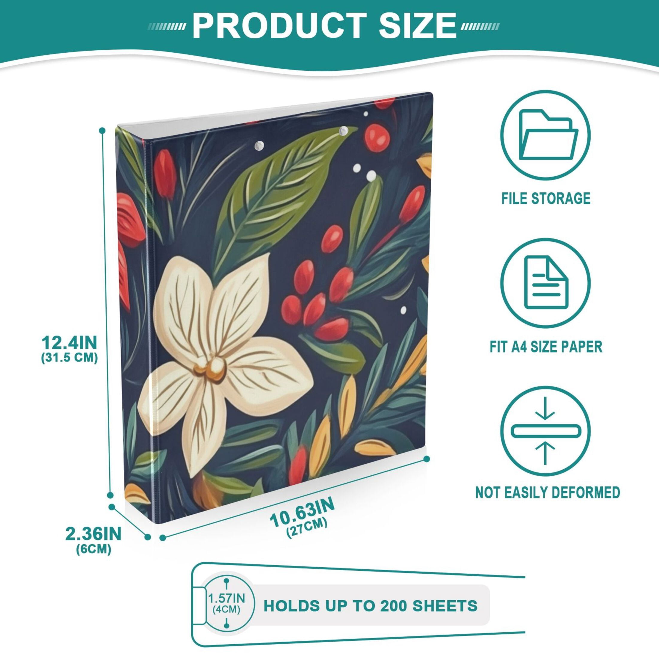 Christmas Flowers 3 Ring Binders 1.5 inch Hardcover File Folders with Interior Pockets A4 Size Organizer for School Office Hospital
