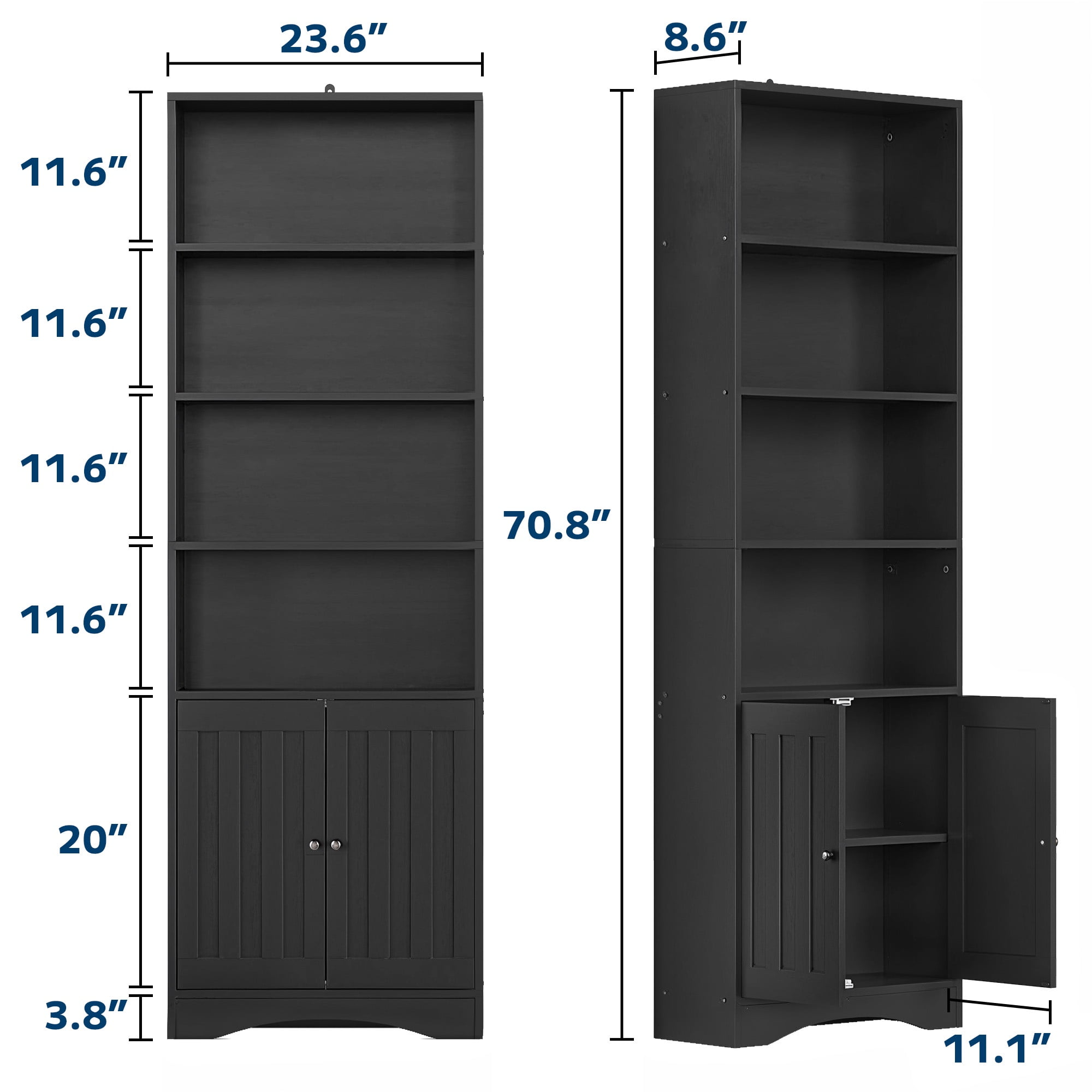 Lofka 71" 6-Shelf Tall Bookcase and Bookshelf with 2 Doors, Black