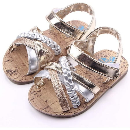 

QWZNDZGR Baby 0-18 Month Girls Sandals Rubber Sole Non-Slip Summer Shoes Outdoor Shiny Princess Stripy Sandal