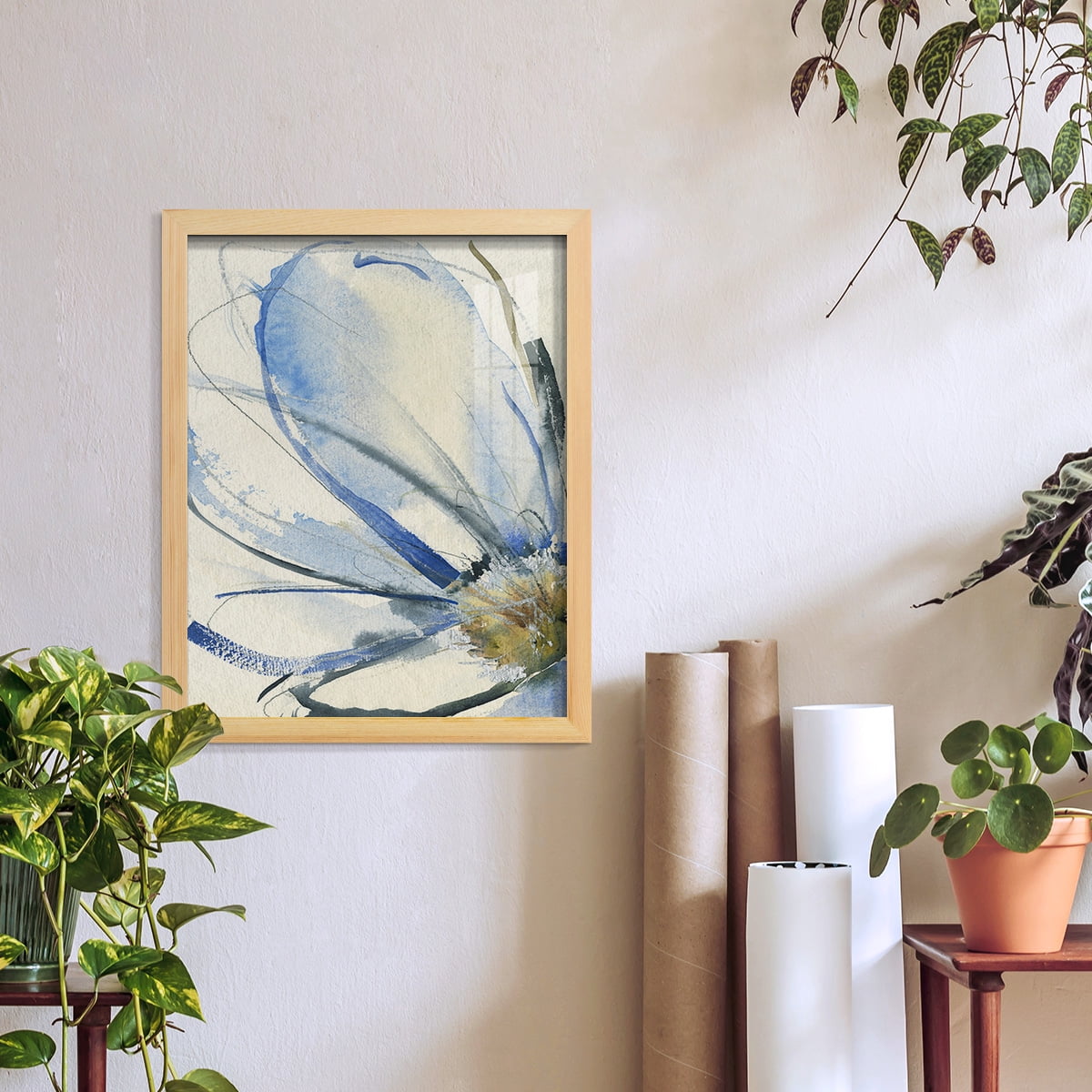 Cobalt & Paynes Petals I - Framed Print w/glass - Natural Wood