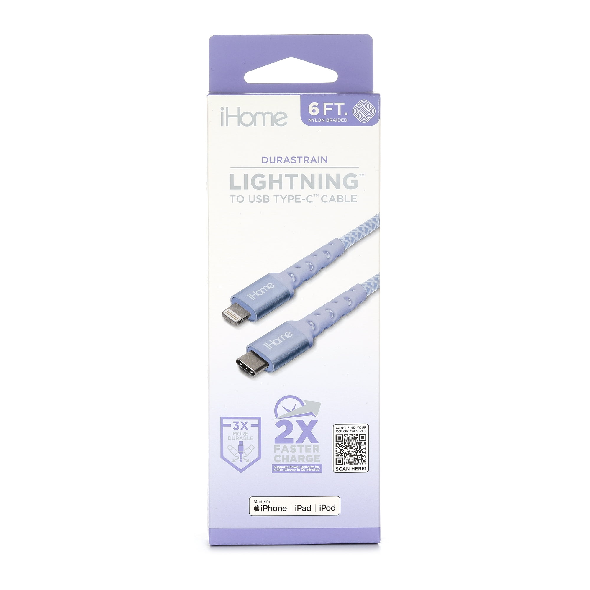 iHome Nylon Braided Lightning to USB-C Cable, Lavender, 6'