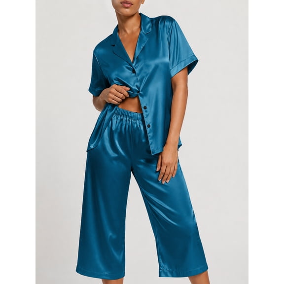 DAKIMOE Silk Satin Pajama Set for Women Capri Pajamas Short Sleeve Button Down Two Piece Pjs Sleepwear Soft Loungewear Nightwear
