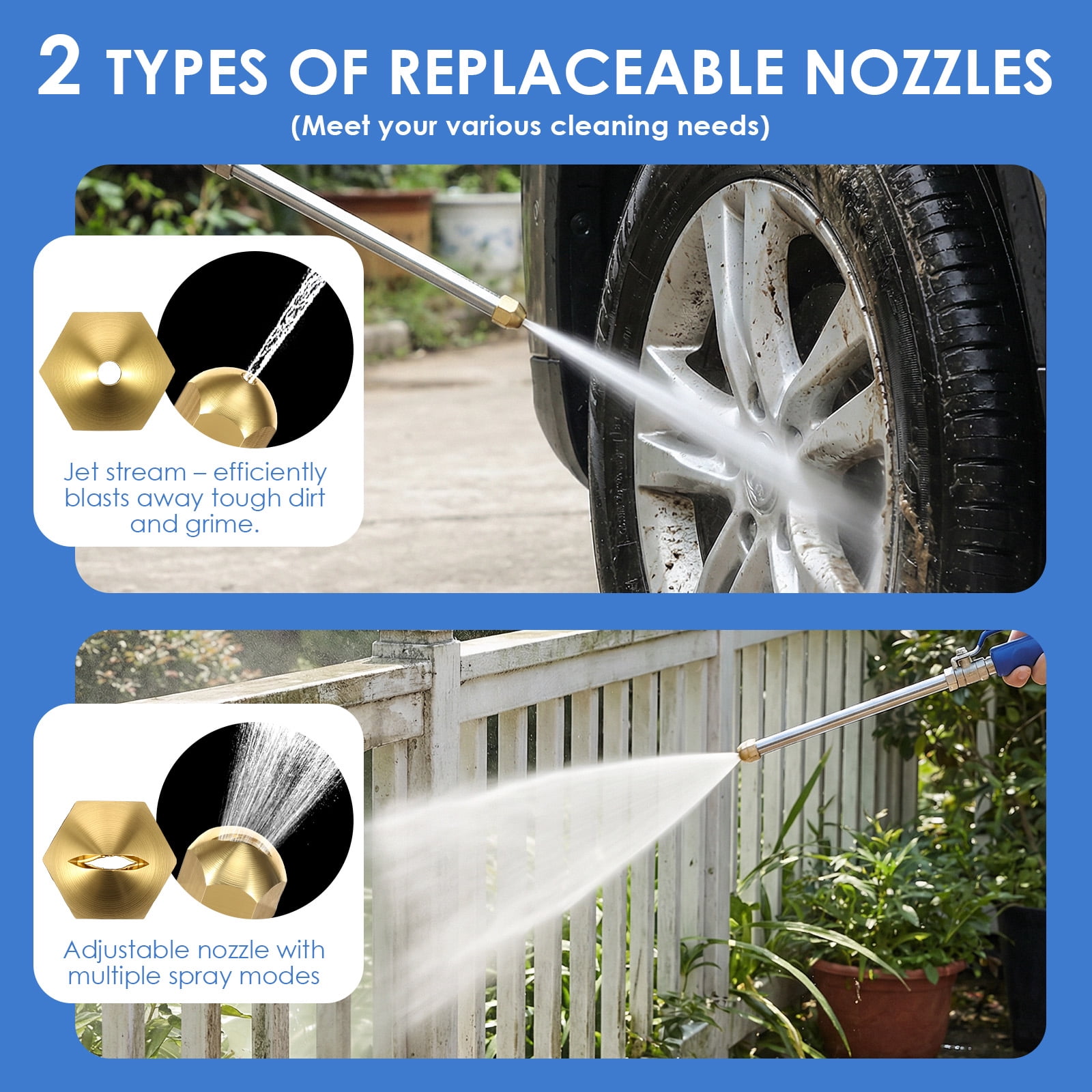 Jet Nozzle High Pressure Hose Nozzle with Extension Wand 2-in-1 High Pressure Power Washer for Car Washing Gutter Cleaning Watering with 2 Different Tips Quick Connectors and Gloves 18 Inch Blue