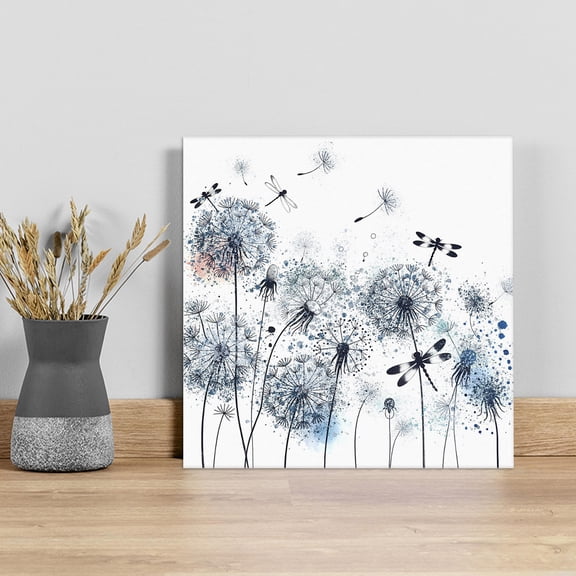 Blue Teal Dandelion Wall Art Painting on Canvas, Dragonfly Modern Art Watercolor Canvas Art Home Prints Wall Art Framed Modern Artwork for Living Room Bedroom Wall Decor 16x16in