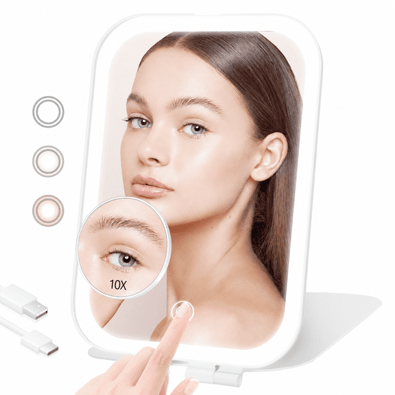 Swartisfad Rechargeable Travel Makeup Mirror with Lights, Portable Vanity Mirror with 3 Color LED Lighting, 1X/10X Magnification, Touch Dimming