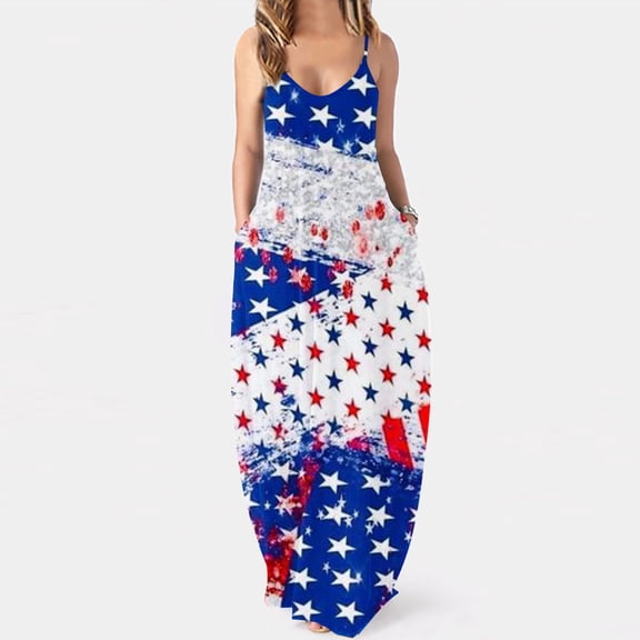 Wycnly Womens Dresses Fashion Loose Pocket Spaghetti Strap 4th of July Independence Day Dresses Fashion Star Flag Print U-Neck Sleeveless Maxi Summer Dress Blue l