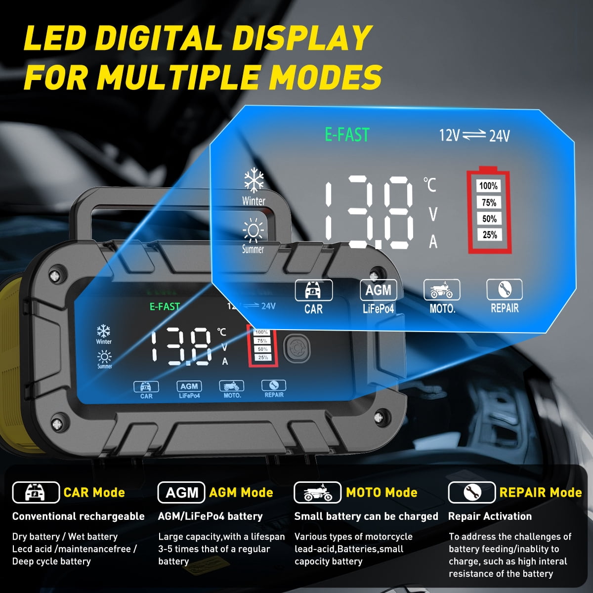 12V 24V Battery Charger, 20-Amp Portable Car Battery Charger 7-Stage Trickle Charger LiFePO4 Lead Acid Smart Battery Maintainer w/Temp Compensation for Car Truck Motorcycle Lawn Mower, Yellow
