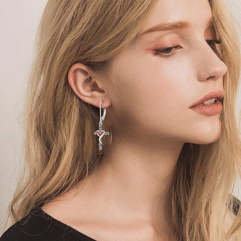 JKR Birthstone Cross Earrings 925 Sterling Silver Heart Cross Dangle Drop Earrings Fine Jewelry Birthday Gifts for Women Her Girlfriend