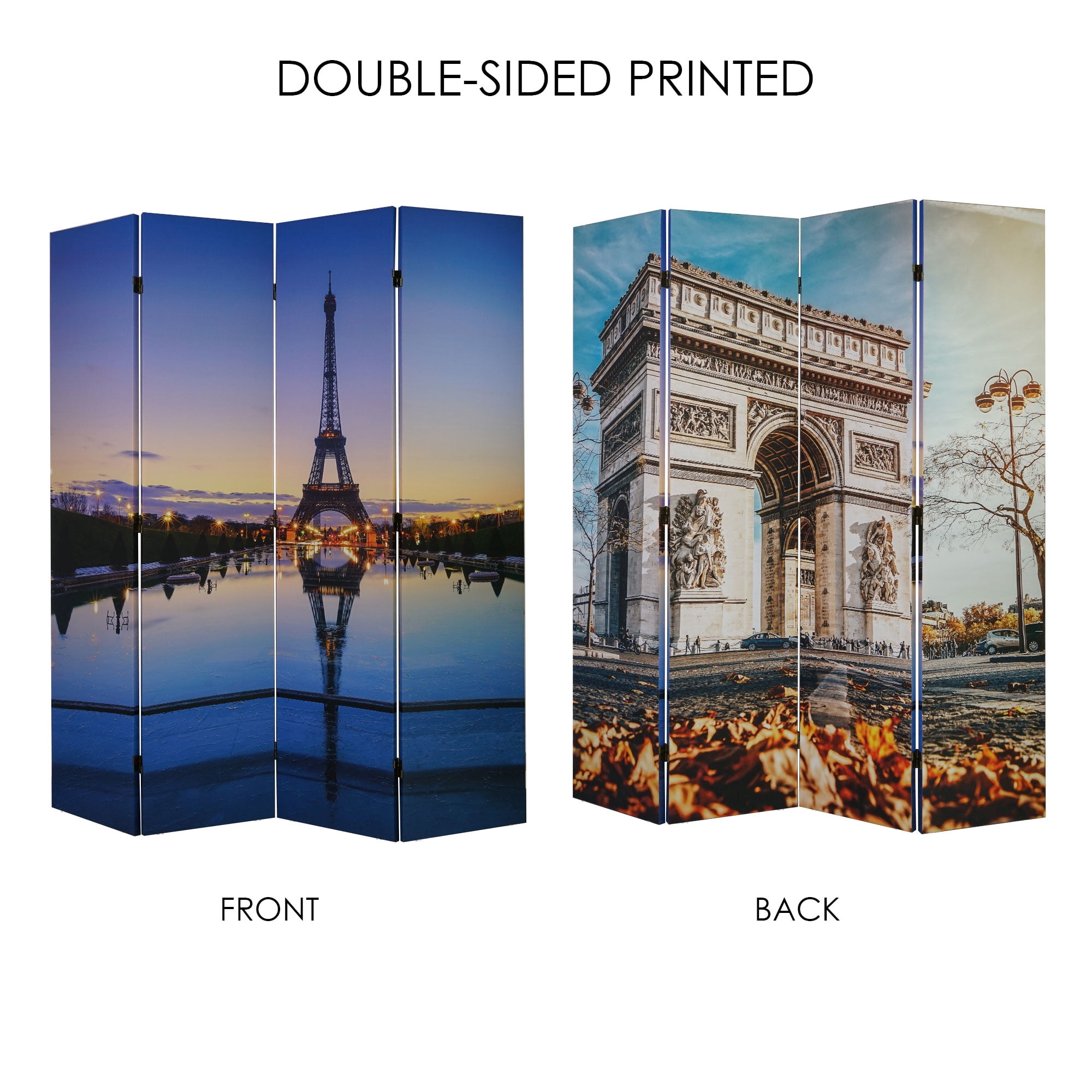 American Art Decor Double-Sided Paris Eiffel Tower, Arc de Triomphe Canvas Portable Dressing Room Divider Screen, 4 Panels, 70" H x 63" L x 1" D