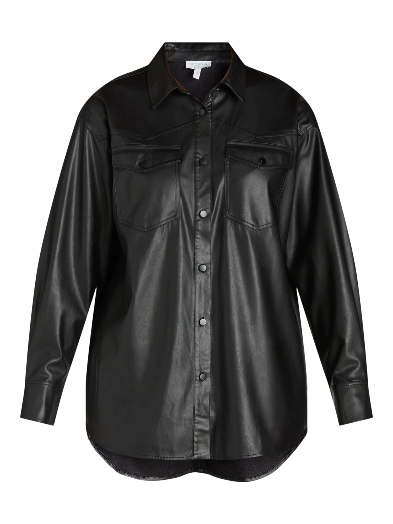 Sofia Jeans Women's and Women's Plus Sofia Oversized Faux Leather Boyfriend Shirt with Long Sleeves, Sizes XS-XXXL