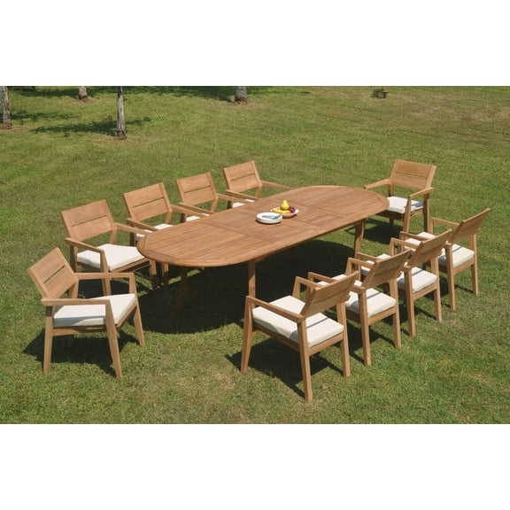 Grade-A Teak Dining Set: 10 Seater 11 Pc: 118" Double Extension Oval Table And 10 Vellore Stacking Arm Chairs Outdoor Patio WholesaleTeak #WMDSWVm