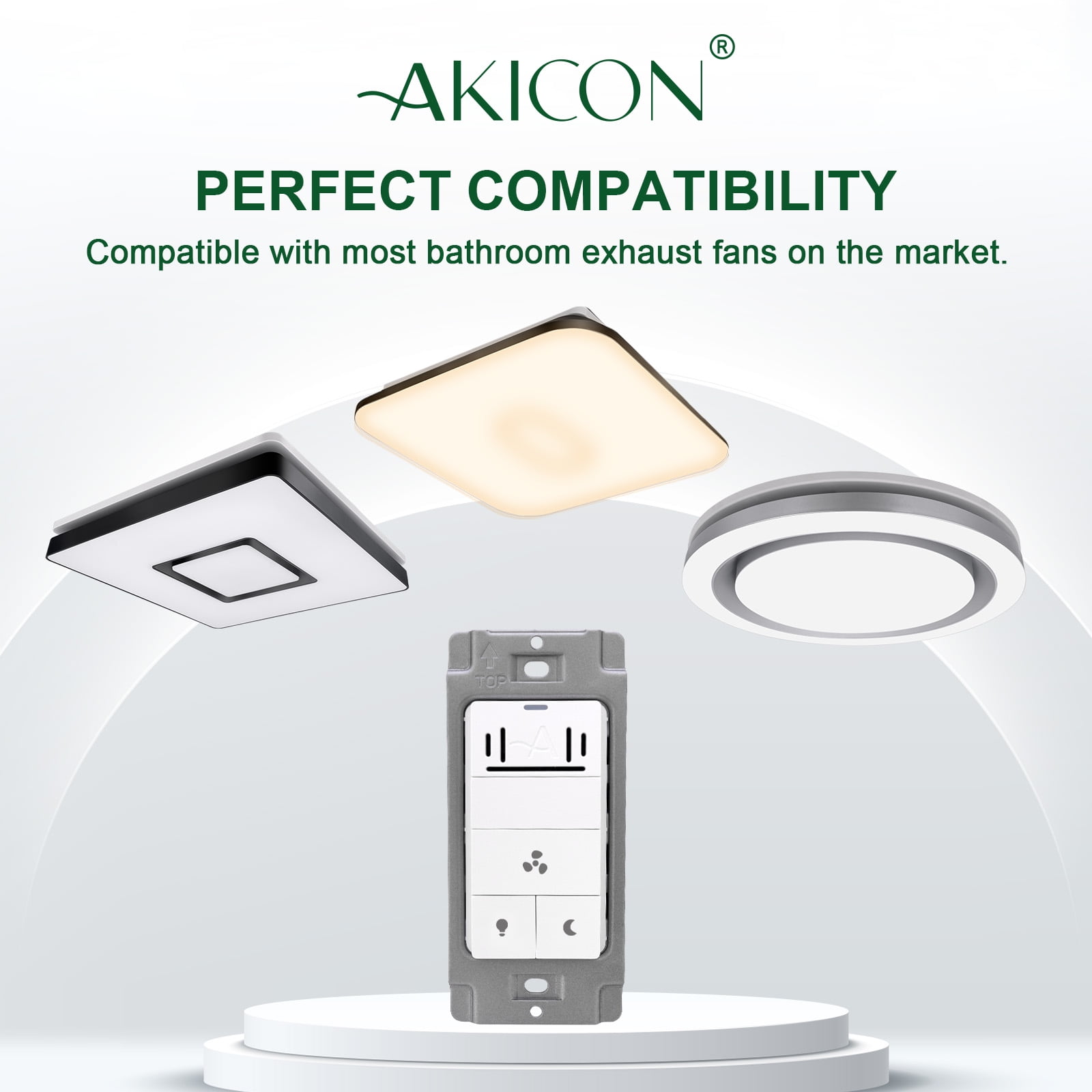 Akicon Humidity Sensor Switch for Bathroom Fan, Ventilation, LED Night Light, Air Moisture Control, Timer, UL Listed, White