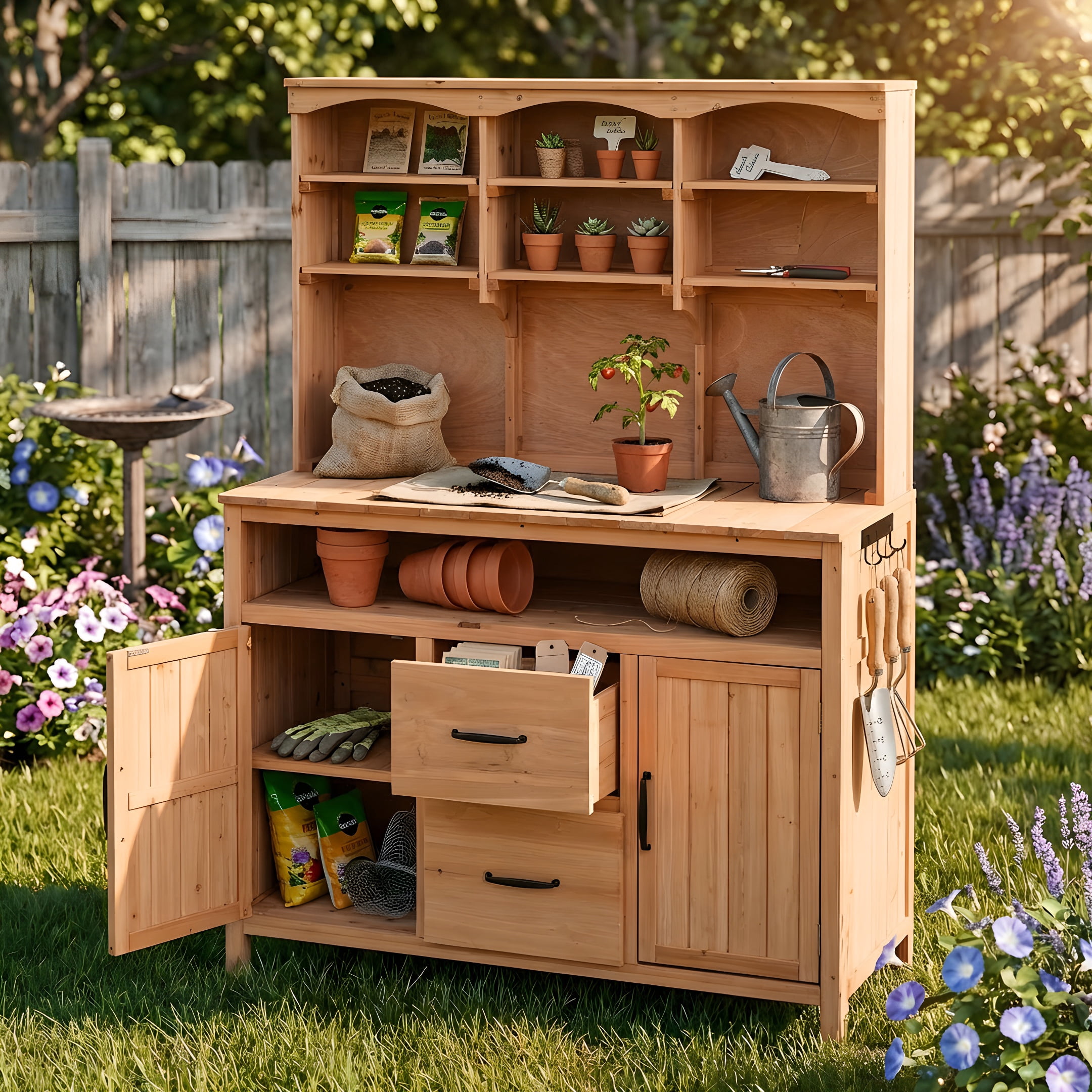 Mintazer Outdoor Potting Bench with Cabinets, 65"H Multi-Functional Patio Kitchen Island with 2 Drawers & Hooks, Large Countertop for Gardening Grill, Natural