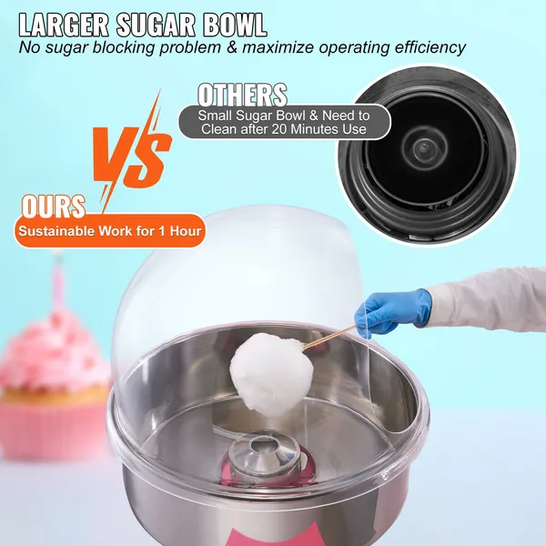 Pink 1000W Commercial Cotton Candy Machine Cart with Bubble Cover Stainless Steel Bowl Sugar Scoop and Drawer for Home Kids Birthday Family Party