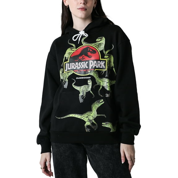 Jurassic Park Logo Wrap-Around Raptor Adult Black Long Sleeve Hooded Sweatshirt Medium
