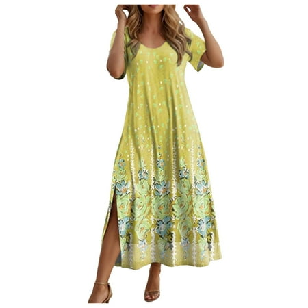 OJSFQUFP Classy Dresses for Graduation Yellow Women Fashion Casual Print Dress Short Sleeve Round Neck Dress Split Hem Loose Dress Elegant and Stylish Dress L2