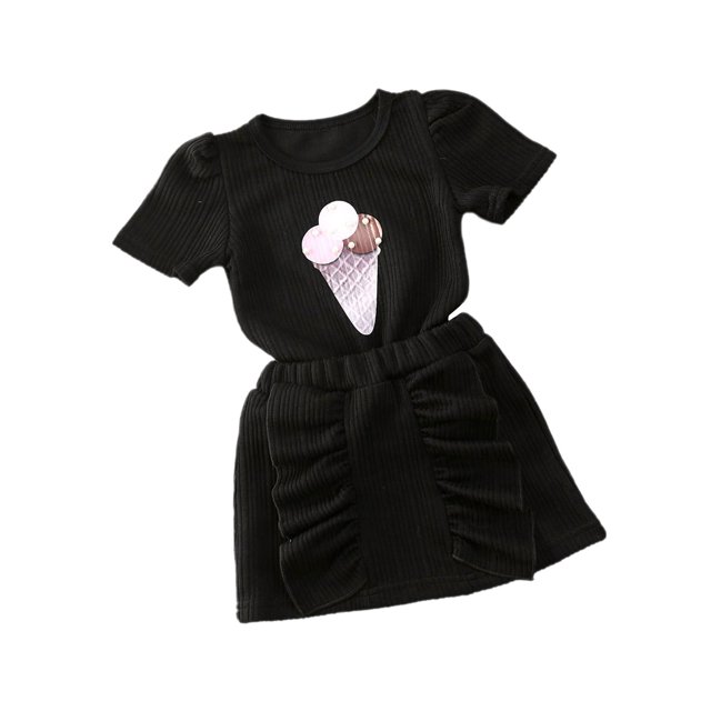 Infant Baby Girls Outfit Ice Cream Pattern Short Sleeve Classical Round-Neck Top Shirt + Short Elastic Band Ruffle Skirt Set
