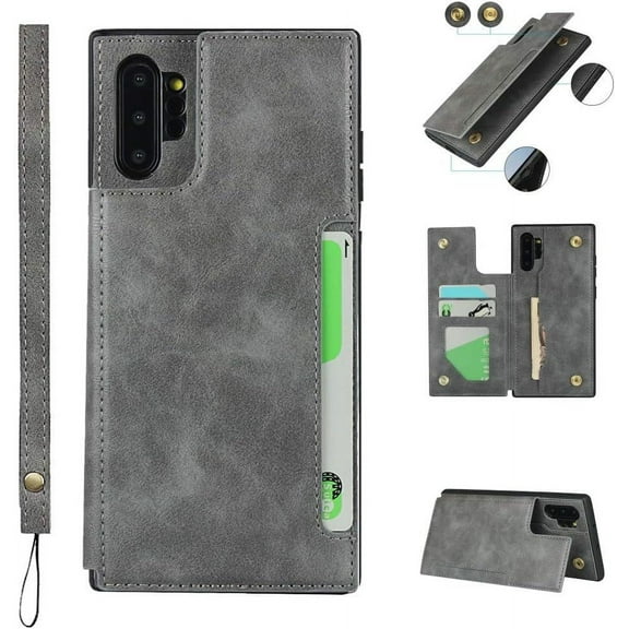 Galaxy Note 10 Plus Luxury PU Leather Case,Credit Card Holder,Cash Slots,Stand Function Soft TPU Back Wallet Case Flip Wrist Strap Multi-Function Case for Samsung Galaxy Note 10 6.8",Gray
