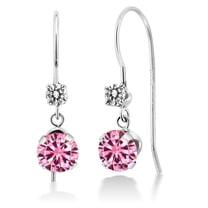 Gem Stone King 14K White Gold Pink Moissanite and White Diamond French Wire Dangle Hook Earrings for Women (1.13 Cttw, Gemstone Birthstone, Round 5MM and 2.5MM)