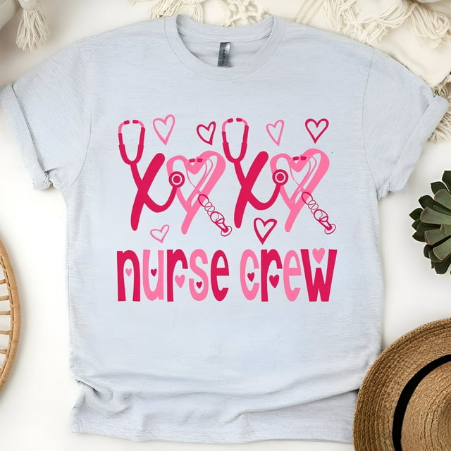 Nurse Crew T-Shirt with Pink Heart Stethoscope Design, Ash, Size M