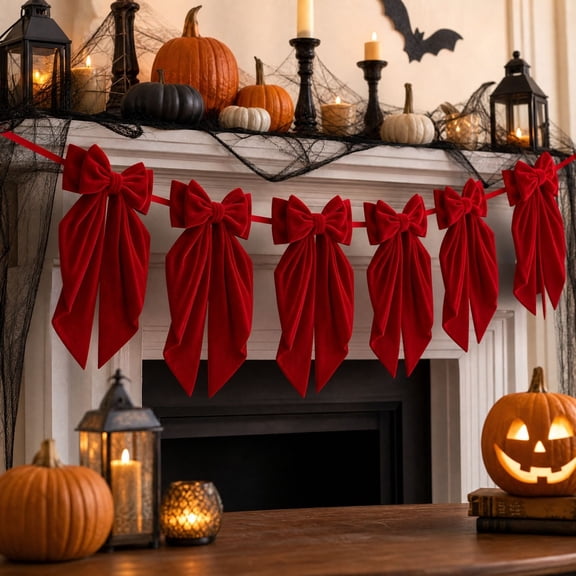 Velvet Bow Garland with 6 Pre Tied Bows, Christmas Hanging Decorations for Fireplace Mantel Staircase Wall Tree and Party Display, Reusable Holiday Home Decor with Adjustable Spacing
