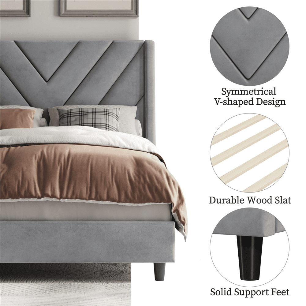 Renwick Twin Size Upholstered Platform Bed with Wooden Slat Support and Tufted Headboard, Light Gray