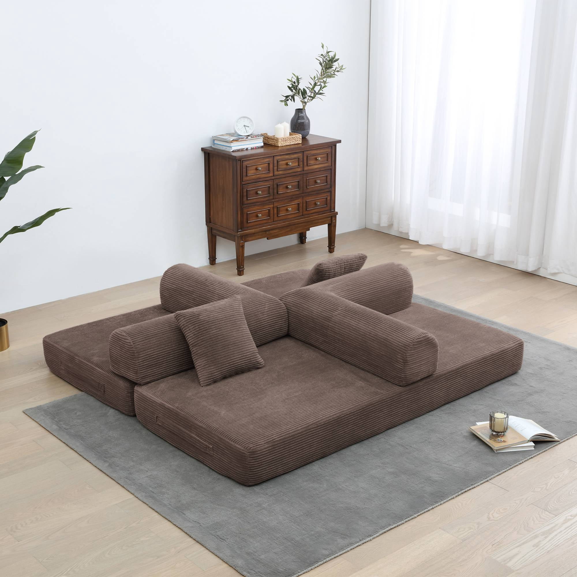 Convertible Sleeper Sofa Bed with Pillow, Corduroy Folding Mattress Floor Sofa Lounge Couch for Living Room, Bedroom, Brown