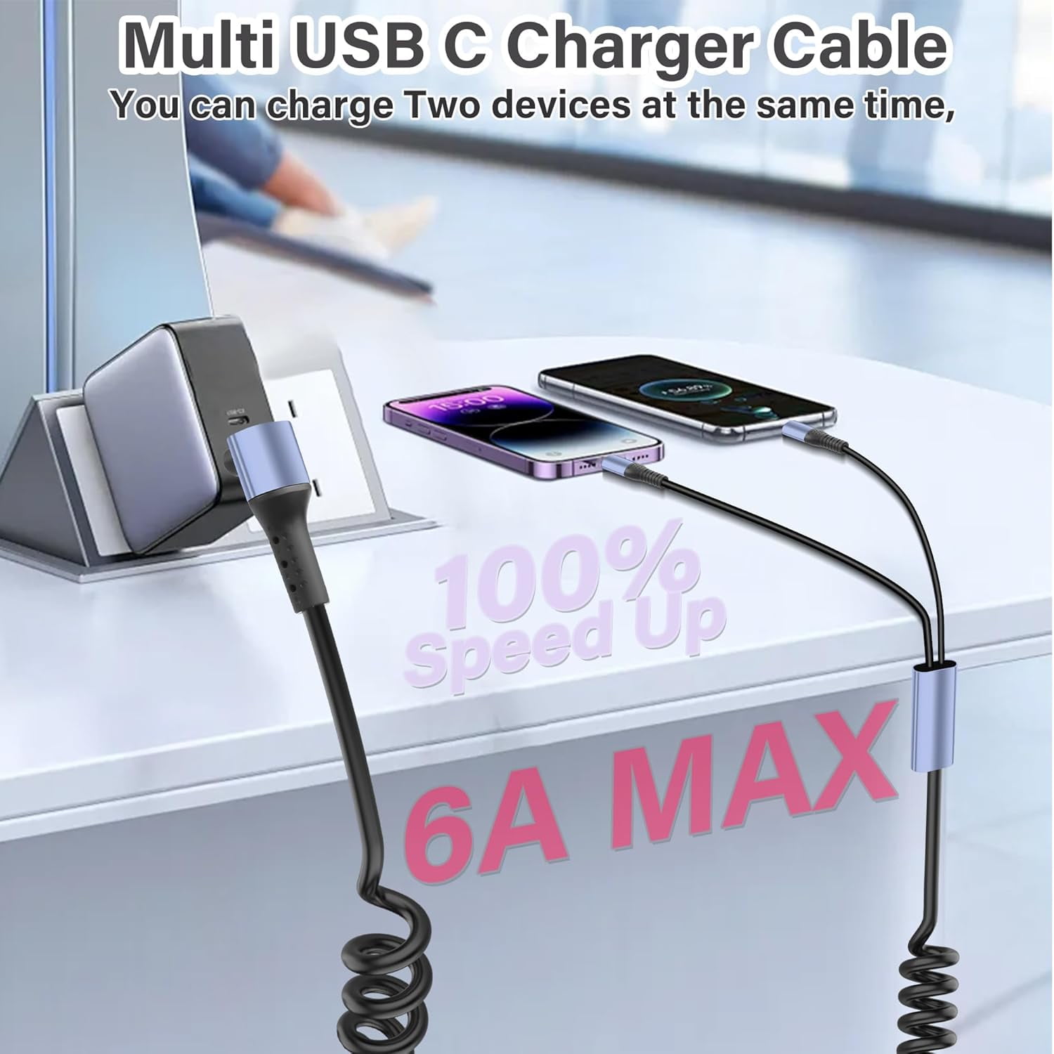 HRTGFD-Retractable 2 in 1 USB C Charging Cable,6A Coiled Type-C Fast Charging for Car,Multi USB C Splitter Cable with Type-C,Micro USB Port for Mobile Phones,Tablet,Cars,and More