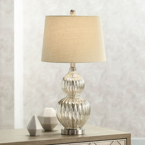 Regency Hill Cottage Table Lamp Silver Mercury Glass Fluted Double Gourd Beige Tapered Drum Shade For Living Room Family Bedroom Walmart Com Walmart Com