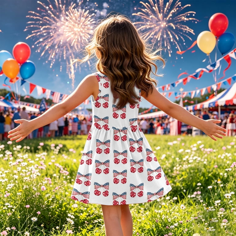 CCRFTGI America Flag Dress for Girls Size 7 Cute American Flag Bow Print A-Line Dress Crew Neck Independence Day Sleeveless 4th of July Girls Clothes Summer Stylish Dresses White 11-12 Years