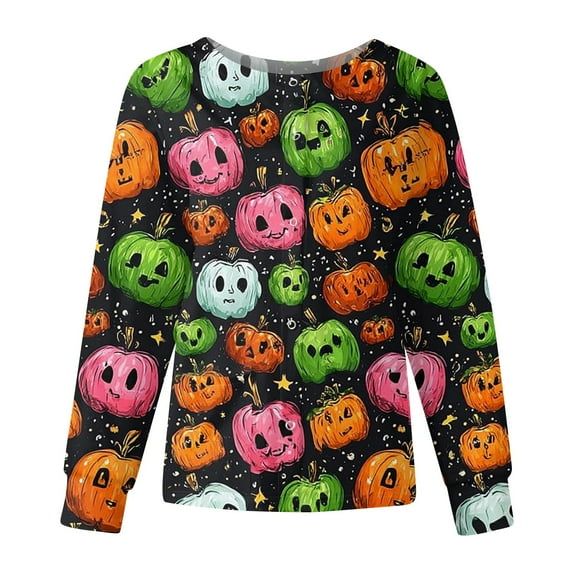 Homozy Halloween Black Scrub Jacket for Women Long Sleeve Button Down Scrub Jackets with Pockets Snap Front Graphic Nurse Working Uniform Hot Pink M