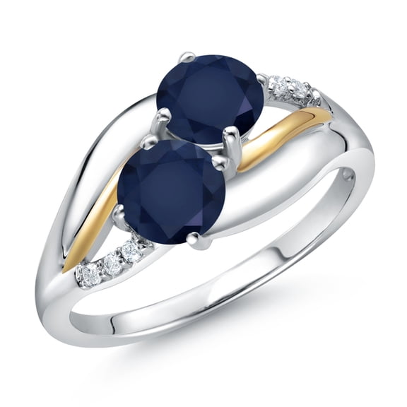 Gem Stone King 925 Sterling Silver and 10K Yellow Gold Blue Sapphire and White Lab Grown Diamond 2 Stone Engagement Ring for Women (1.24 Cttw, Round 5MM, September Birthstone, Size 6)