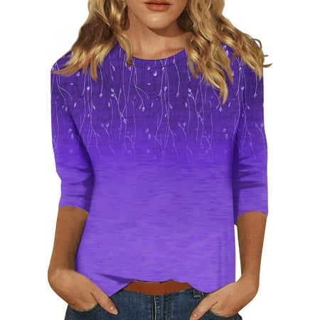 EHTMSAK 3/4 Length Sleeve Women s T Shirts Nebula Crewneck Blouses Summer Elbow Sweatshirts Casual Lightweight Tunic Tops for Leggings Hot Pink 3XL Purple XL