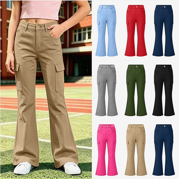 WAVSUF Girls School Flare Pants Elastic Waist Soft Comfort with Pockets Fall Casual Uniform Pants Brown 7-8